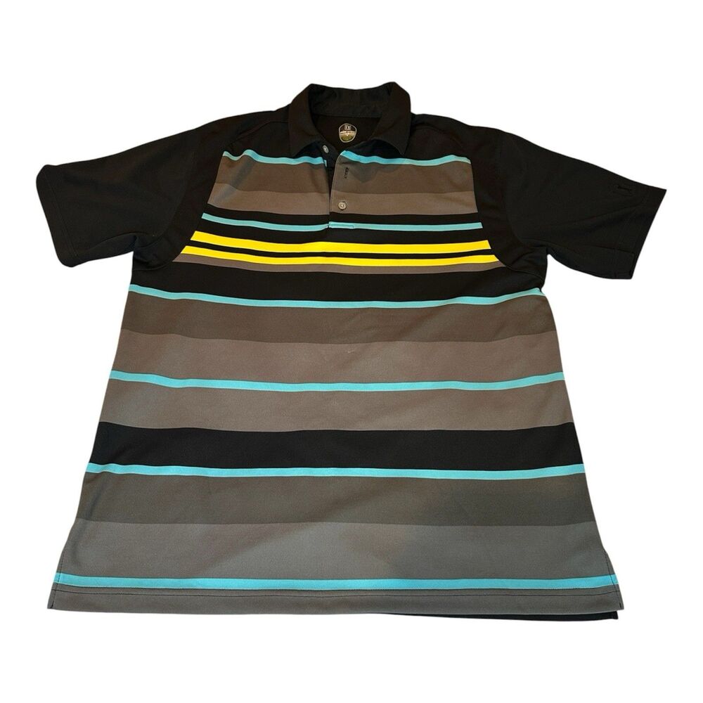 PGA Tour Pro Series Men's Large Black Gray Blue Yellow Striped Golf Polo Shirt